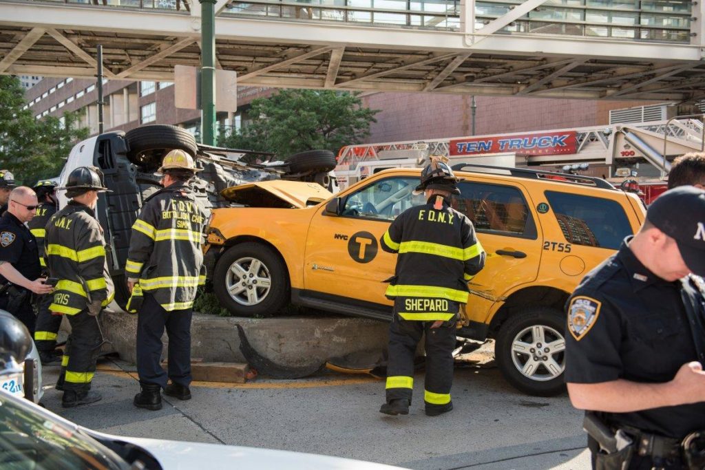Taxicab is a wreck after crashing into SUV in Tribeca Sunday, allegedly after it was stolen by passenger.